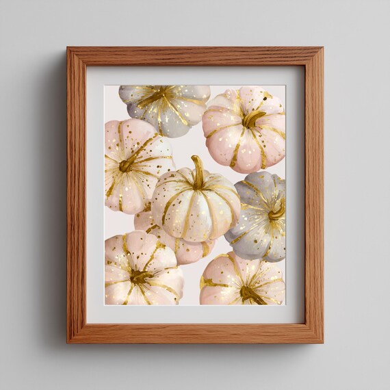 Pink And Gold Pumpkin Wall Art Glitter Autumn Decor Soft Pastel Fall Painting Elegant Thanksgiving Print 73