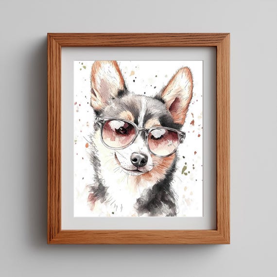 Cute Husky Puppy Wall Art Watercolor Dog With Glasses Fun Pet Nursery Decor Whimsical Portrait 233