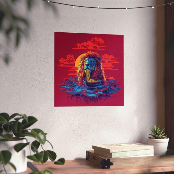 Maximalist Eclectic Lion Ramen Poster Print Bold Altered Animal Portrait Fantasy Fun Colorful Renaissance Rustic Art