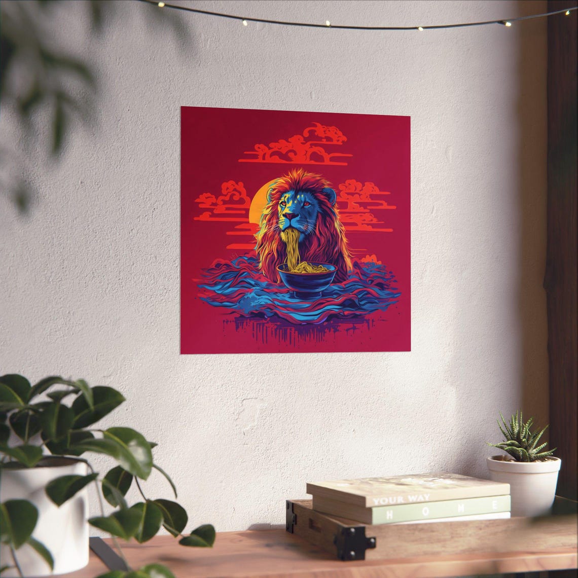 Pop Art Lion Slurping Ramen Bowl in Bright Bold Colors Poster
