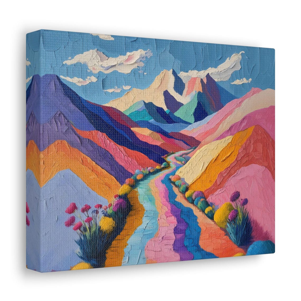 Colorful Painted Mountains With Rainbow River and Wildflowers Print - Image 2