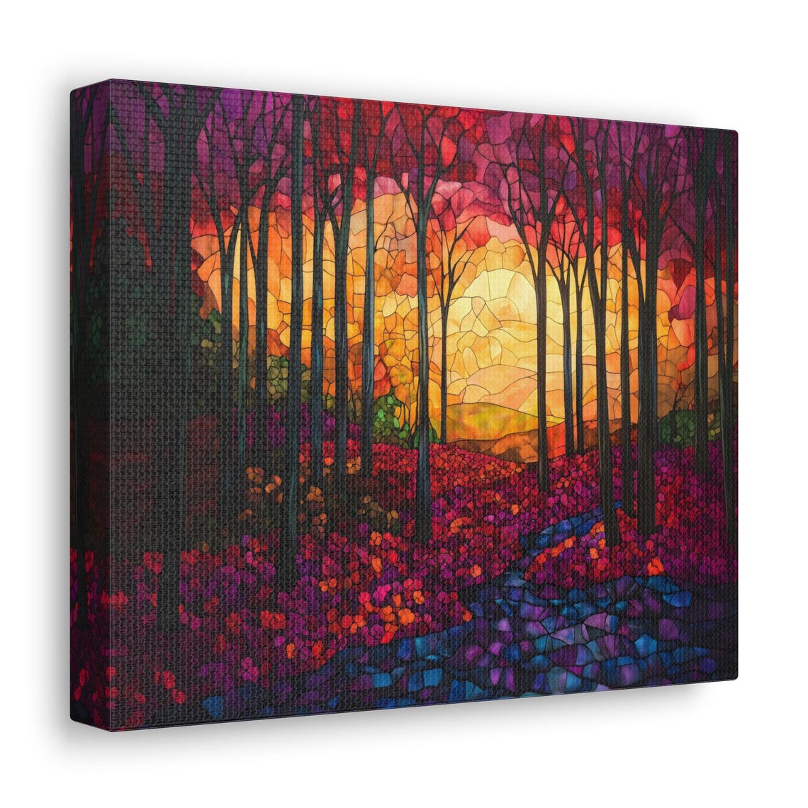 Vivid Stained Glass Red Forest Sunset Landscape Colorful Wall Art - Image 2