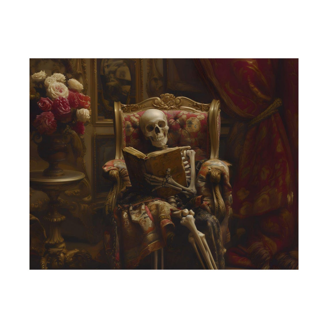 Skeleton Reading A Book In An Ornate Victorian Armchair Poster - Image 3