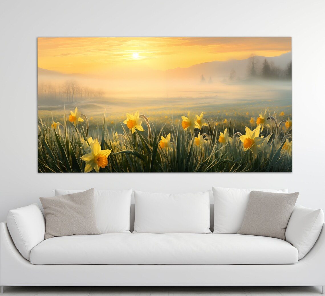 Foggy Dawn Over Narcissus Field, Romantic Art Print - Image 2