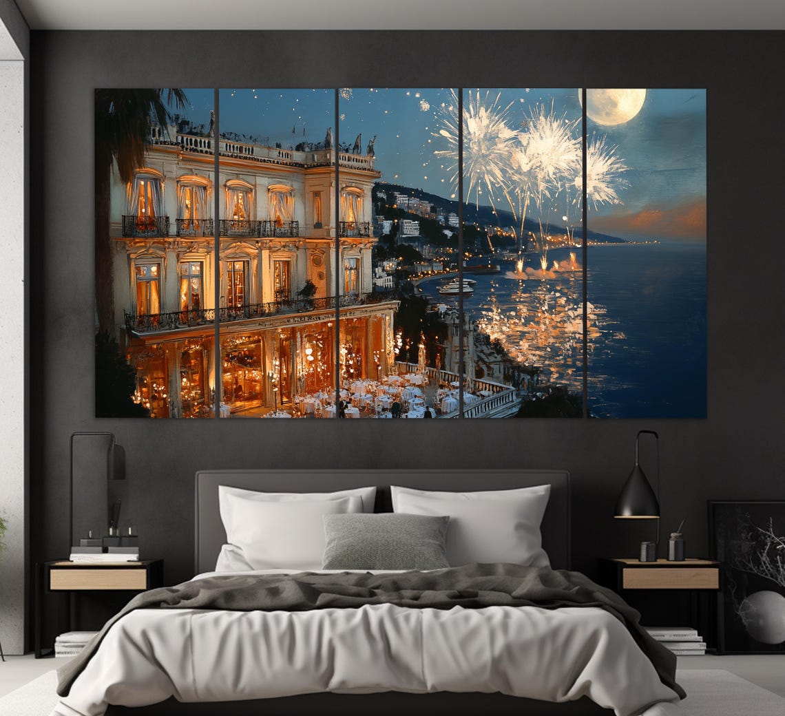 Nice French Riviera Waterfront Hotel Fireworks Moonlit Bay Poster - Image 3