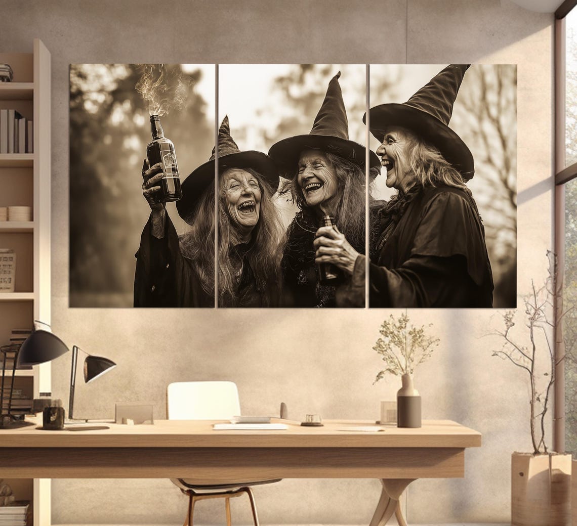 Three Old Witches Laughing Vintage Sepia Photo Style Gothic Wall Art - Image 3