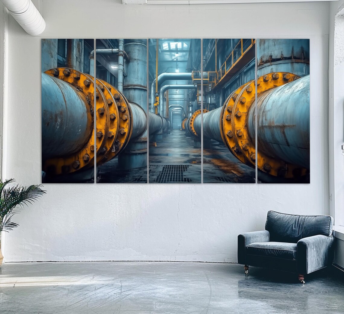 Industrial Factory Interior Blue Steel Pipes Yellow Flanges Wall Art - Image 2
