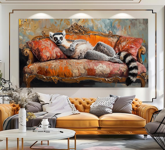Lemur On The Sofa Print Lemur Wall Art Lemur Painting Cute Lemur Poster Lemur Art Animals Wall Art Funny Lemur Print
