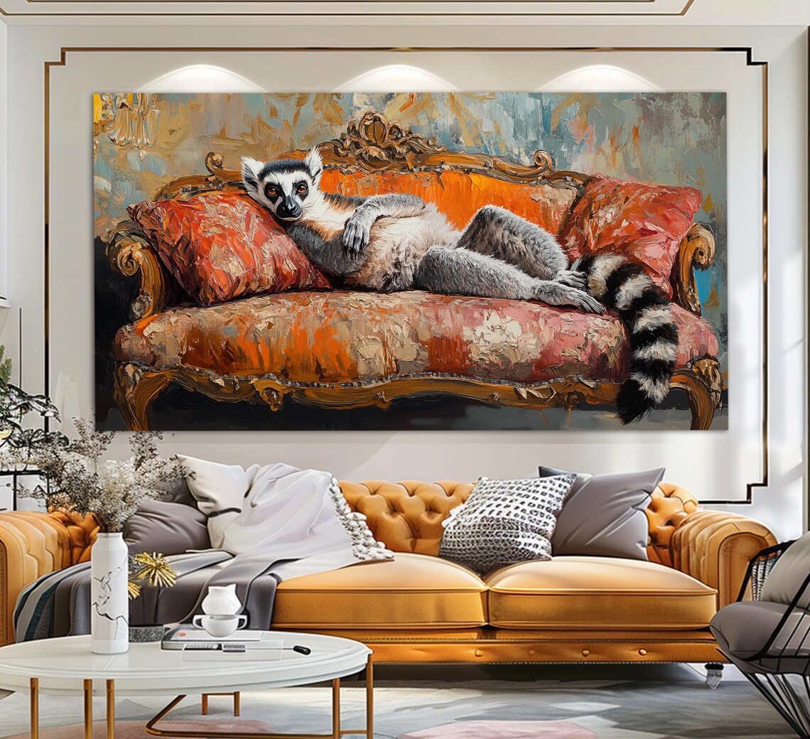 Ring Tailed Lemur Lounging Velvet Sofa Funny Animal Painting Poster