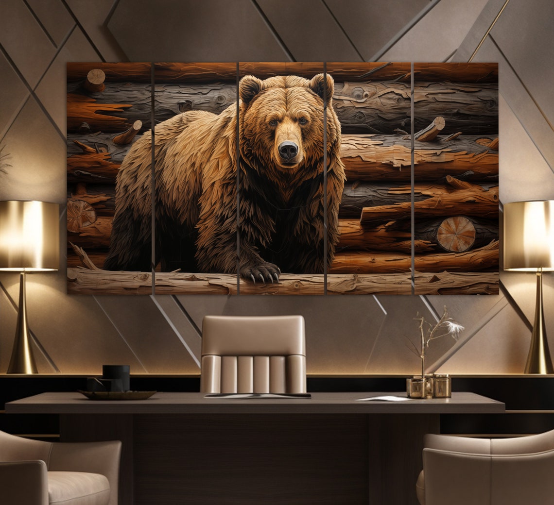 Grizzly Brown Bear Cabin Logs Triptych Wildlife Rustic Wall Art Print - Image 2