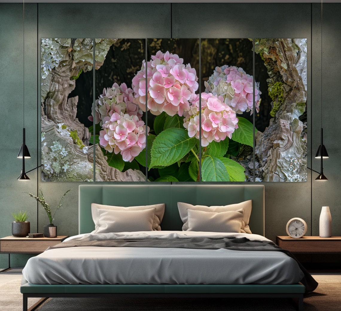 Pink Hydrangea Blooms Weathered Wood Garden Flower Photography Poster - Image 5