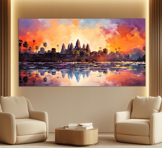 Angkor Wat Temple Print In A Colorful Oil Painting Style Ancient Khmer Wall Art Hindu Buddhist Temple In Cambodia Print