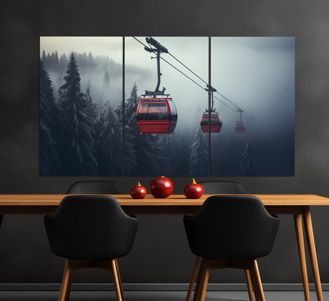 Red Cable Car Gondolas Misty Snowy Pine Forest Dusk View Poster - Image 6