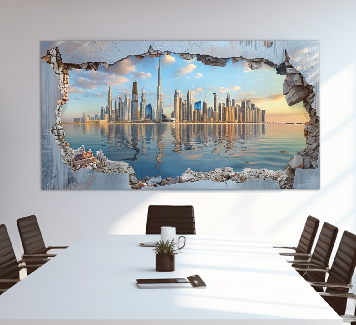 Dubai Skyline Broken Wall 3D Illusion Sunset City View Travel Poster