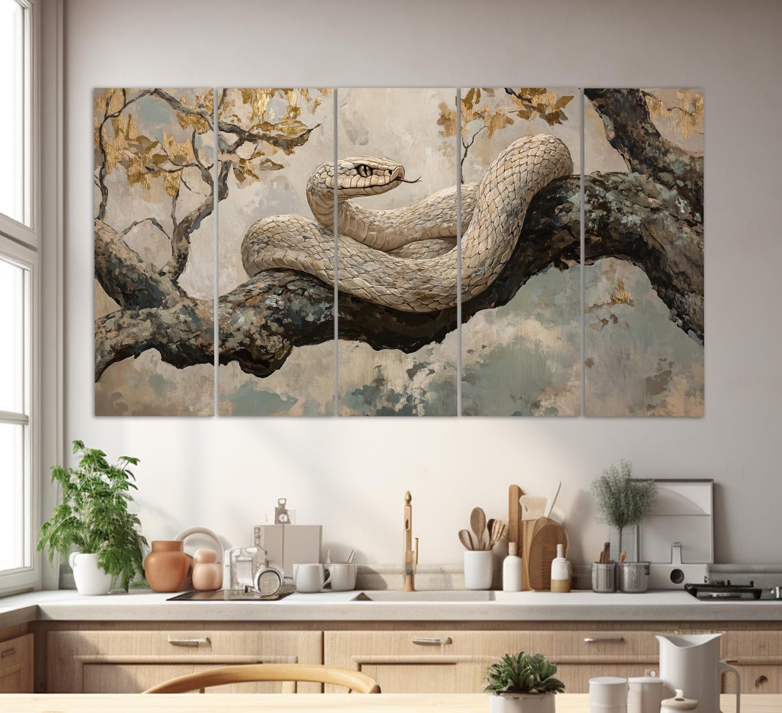 White Snake Coiled On Branch Gold Leaf Tones Wildlife Art Print - Image 2