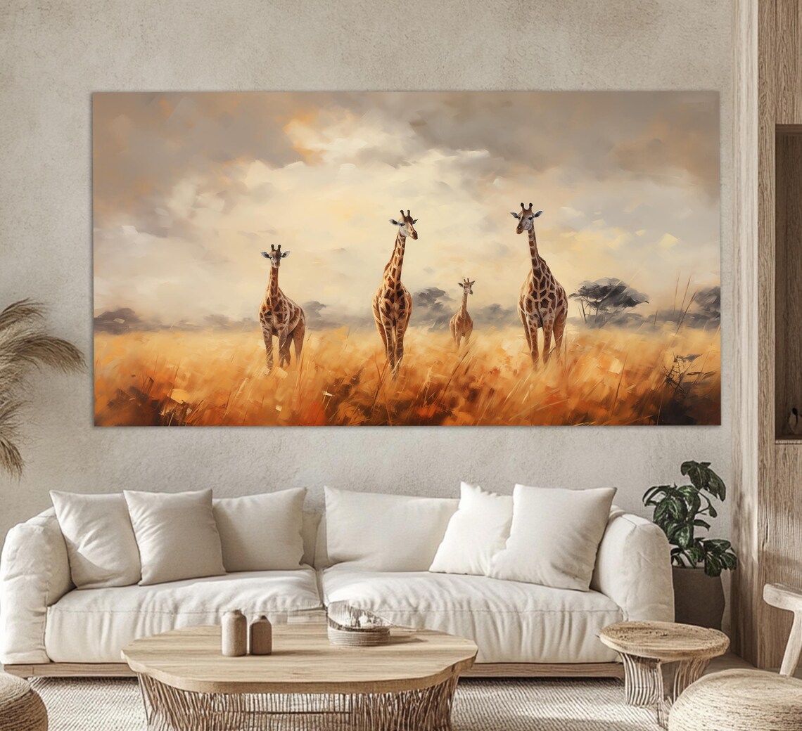 Giraffes Walking Through Golden African Savannah Vintage Oil Painting Wall Art Print - Image 4