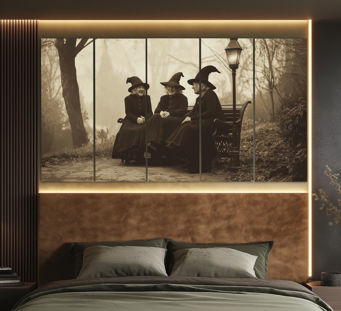 Three Old Witches Park Bench Foggy Forest Vintage Photo Style Gothic Poster - Image 5