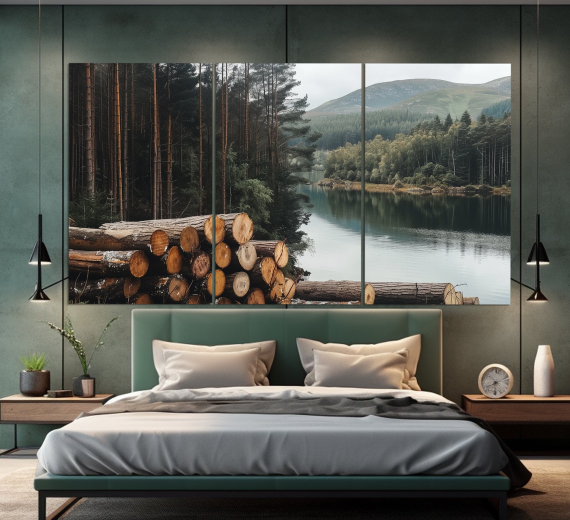 Cut Timber Logs Stacked By Scenic Forest Lake Mountain View Wall Art - Image 6