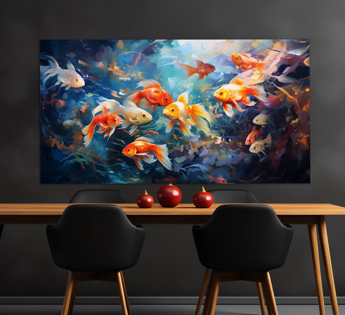School Of Orange Goldfish Deep Blue Water Abstract Oil Painting Poster - Image 4