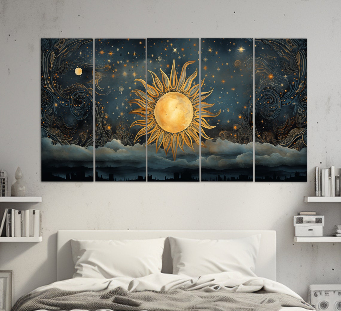 Golden Celestial Sun Starry Night Sky Boho Mid Century Art Poster - Image 2