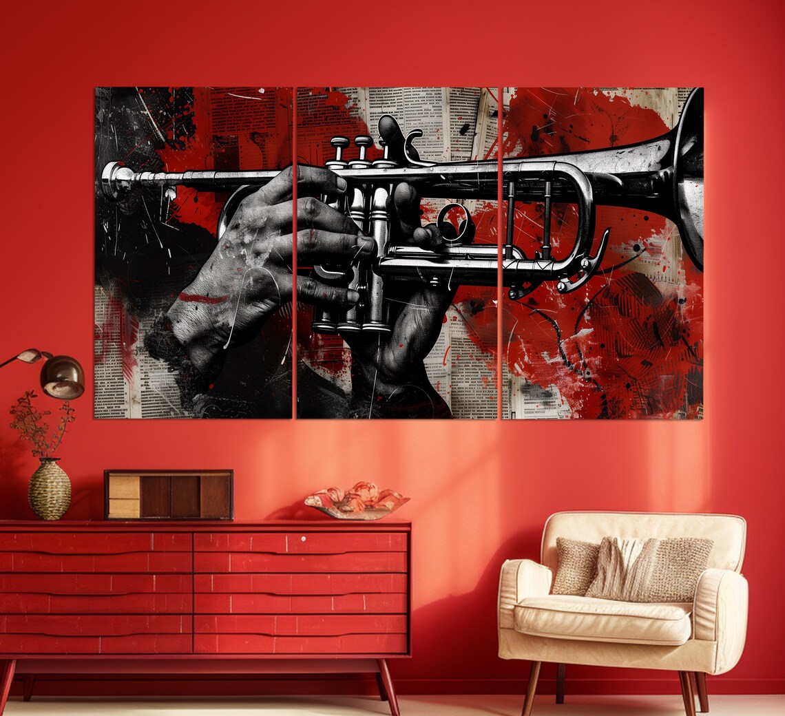 Jazz Trumpet Player Hands Grunge Newspaper Collage Music Poster - Image 2