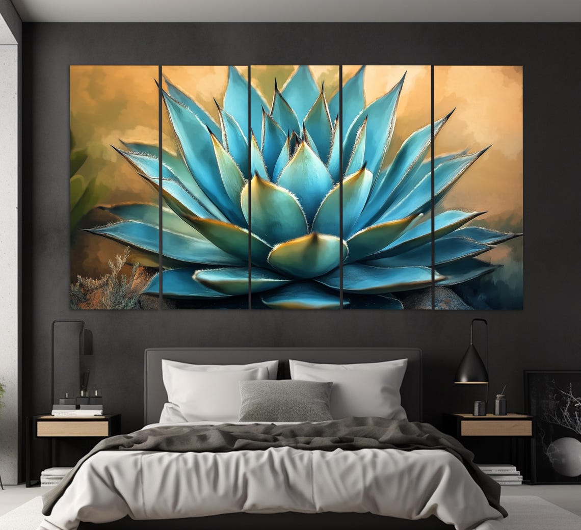 Blue Agave Rosette Golden Background Botanical Painting Wall Art Print - Image 2