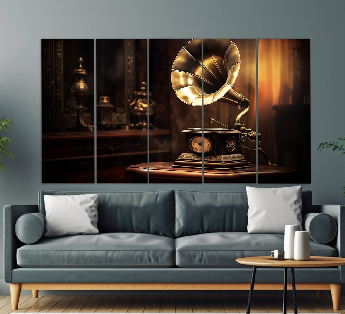 Vintage Brass Horn Gramophone Warm Dark Interior Music Room Wall Art Poster - Image 2