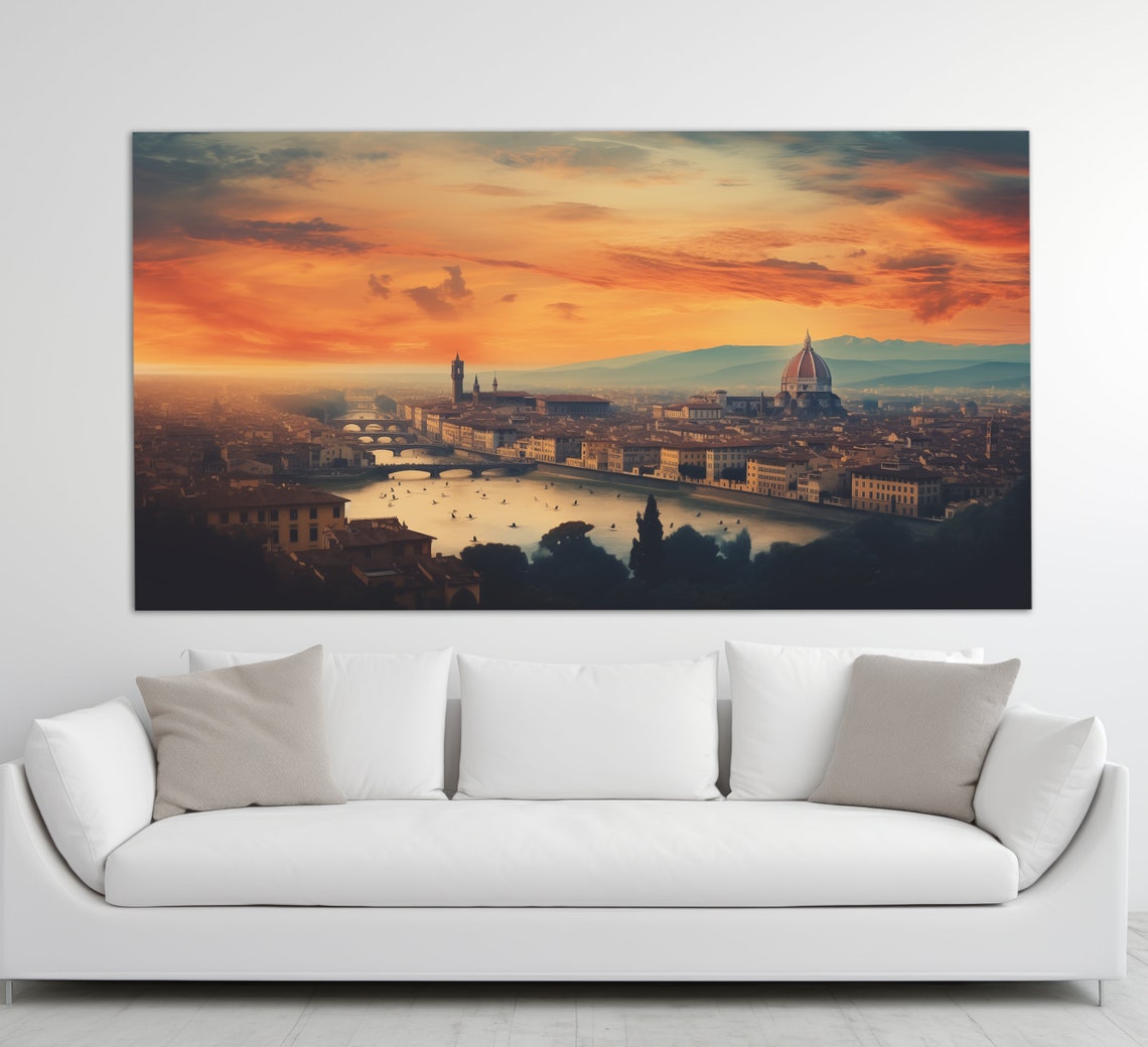 Florence Duomo Sunset Skyline Arno River Italy Vintage Poster
