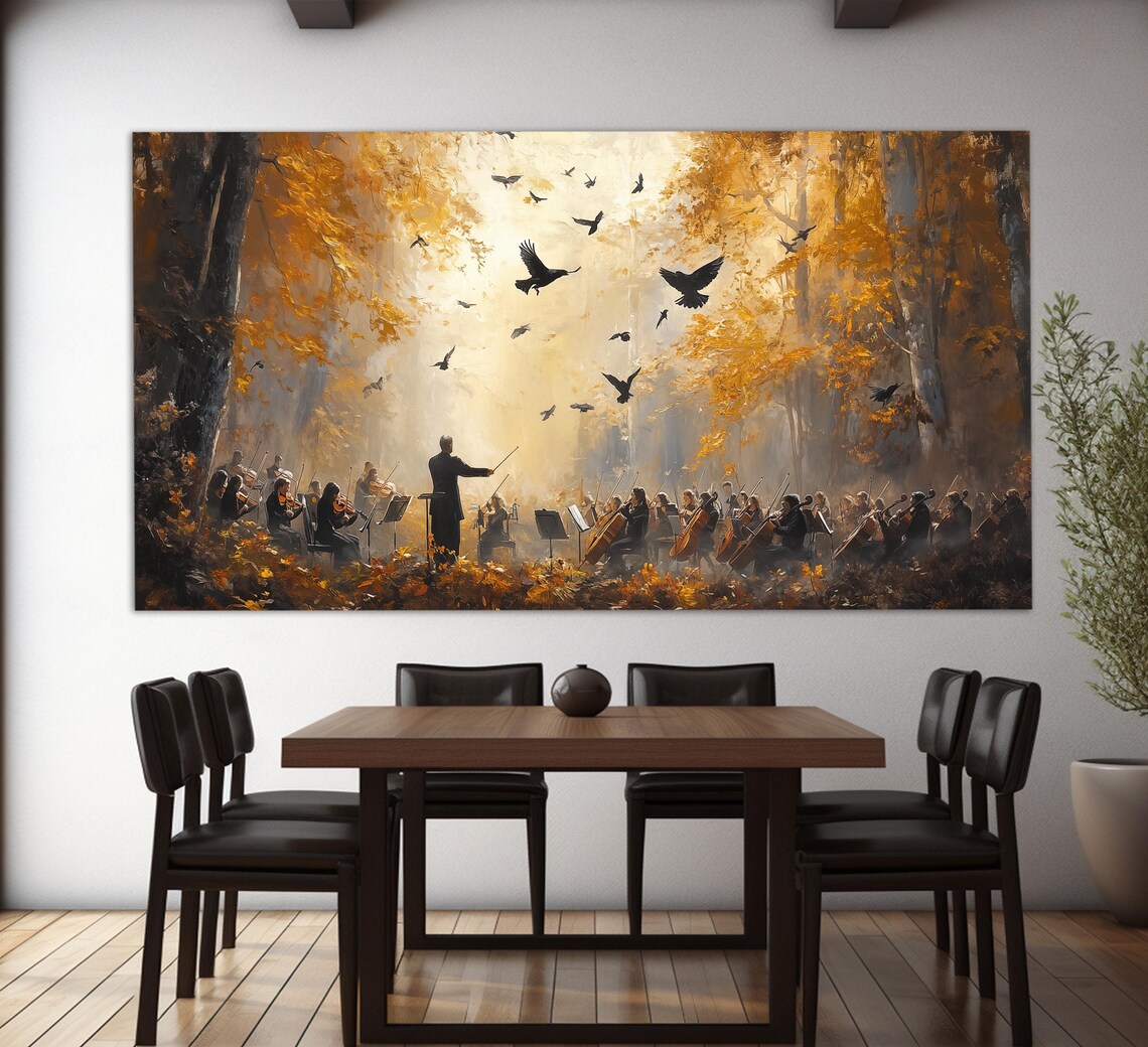 Symphony Orchestra Autumn Forest Oil Painting Style Birds Music Poster