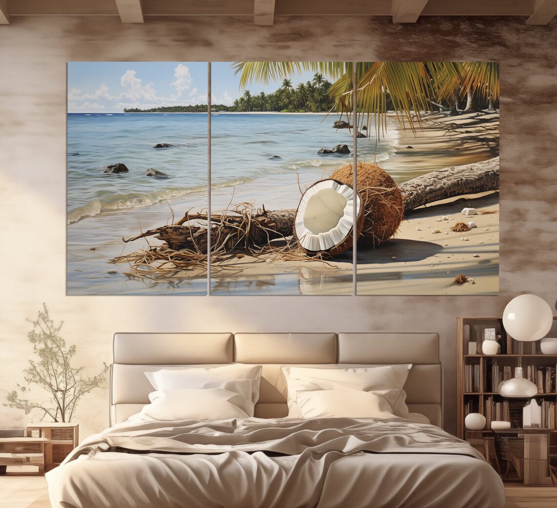 Split Coconut on Tropical Beach Palm Trees Ocean View Travel Poster - Image 6