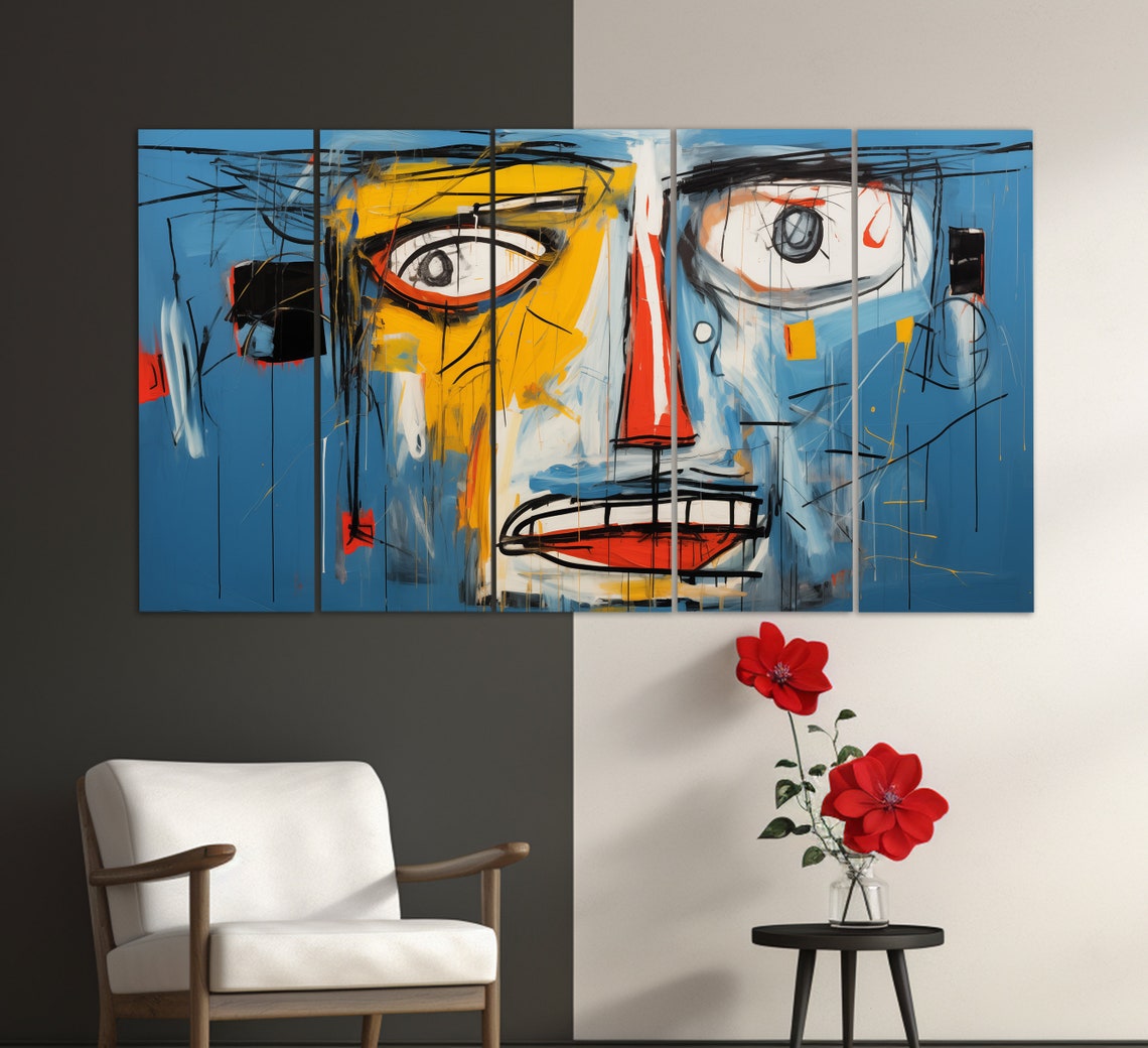 Abstract Face Blue Yellow Cubist Picasso Style Modern Art Poster - Image 2