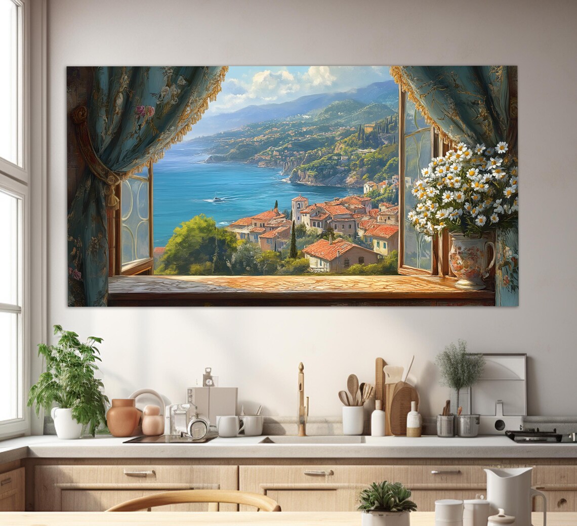 Italian Coastal Village View From Open Window With Daisies Wall Art - Image 3