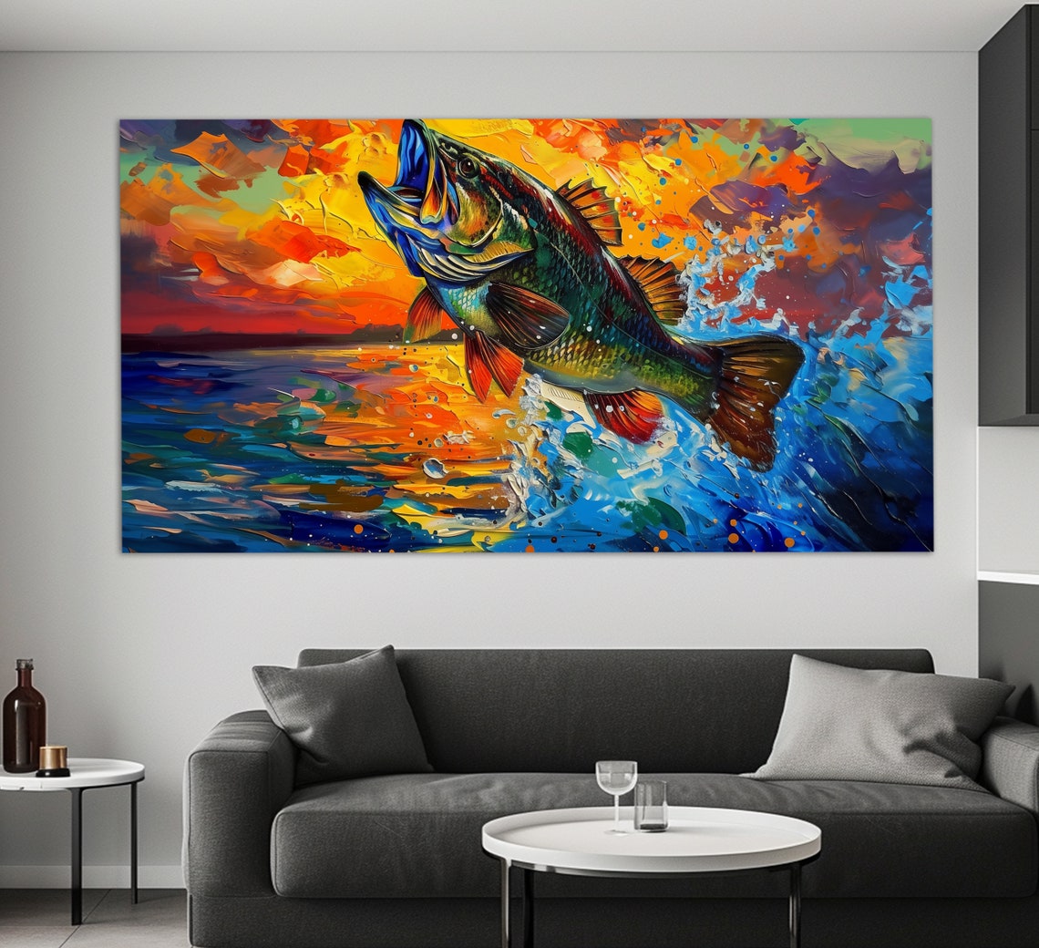 Abstract Big Bass Jump Print In A Painting Style Underwater Wall Art Colorful Bass Painting Fishing Wall Art Fisherman Gift