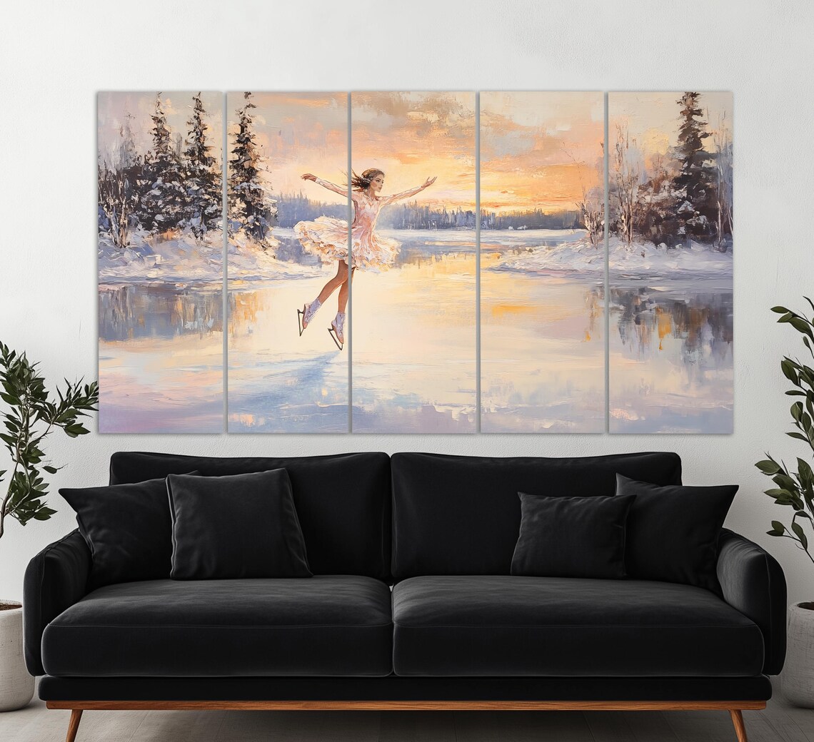 Figure Skating Wall Art Figure Skater On Winter Lake Print In An Vintage Oil Painting Style Figure Skating Poster - Image 5