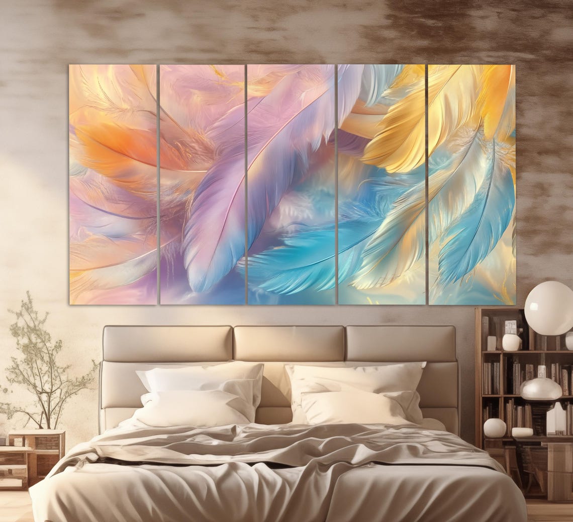 Soft Pastel Feathers Pink Yellow Blue Dreamy Neutral Bedroom Wall Art - Image 2