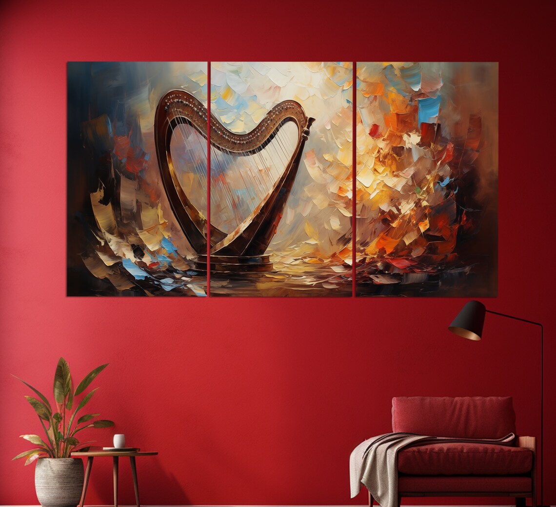 Harpist Girl With Wine Glass Abstract Harp Golden Oil Painting Poster - Image 3