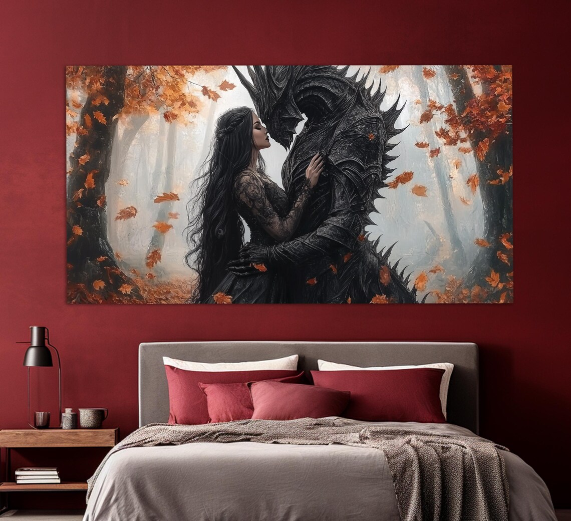 Woman Embracing Dark Beast In Autumn Forest Gothic Fantasy Romance Poster - Image 6
