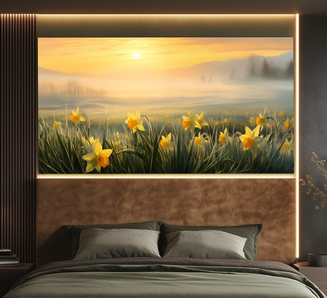 Foggy Dawn Over Narcissus Field, Romantic Art Print