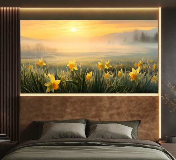 Foggy Dawn Over Narcissus Field, Romantic Art Print