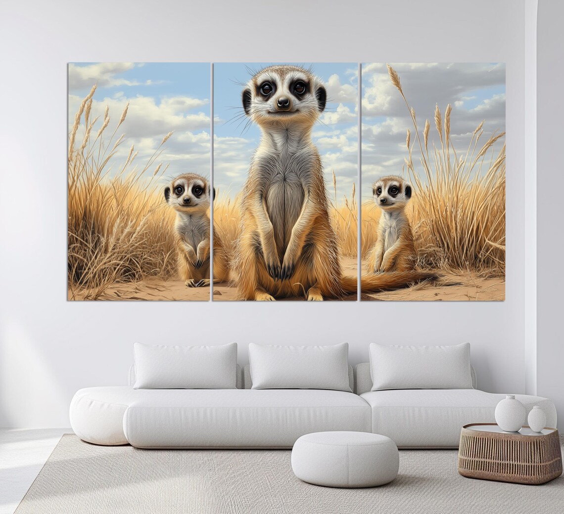 Meerkat Family Trio in Golden Grassland Cute Wildlife Art Poster - Image 4