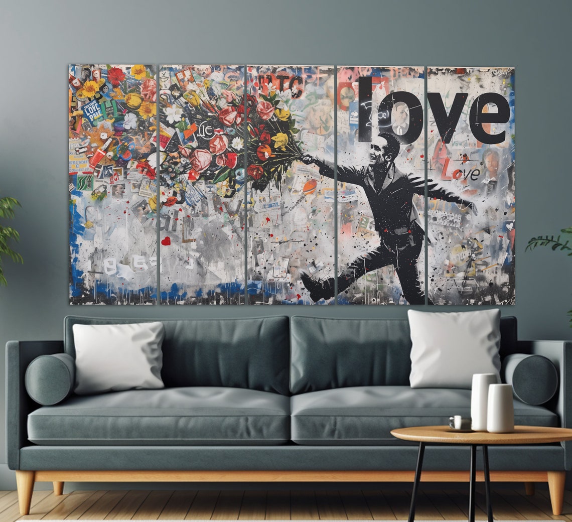 Love Graffiti Art Running Man With Flowers Street Collage Poster - Image 2