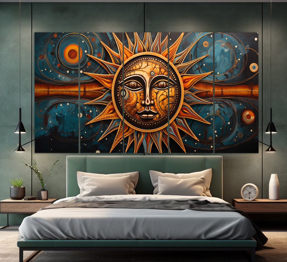 Tribal Sun Face Celestial Stars Blue Ancient Mystical Poster