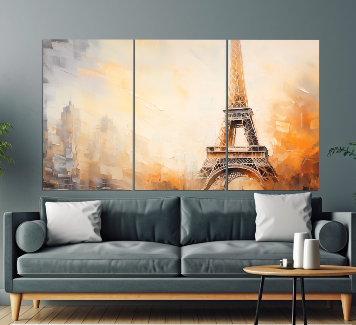 Eiffel Tower Abstract Oil Painting Warm Orange Gold Brushstrokes Print - Image 3