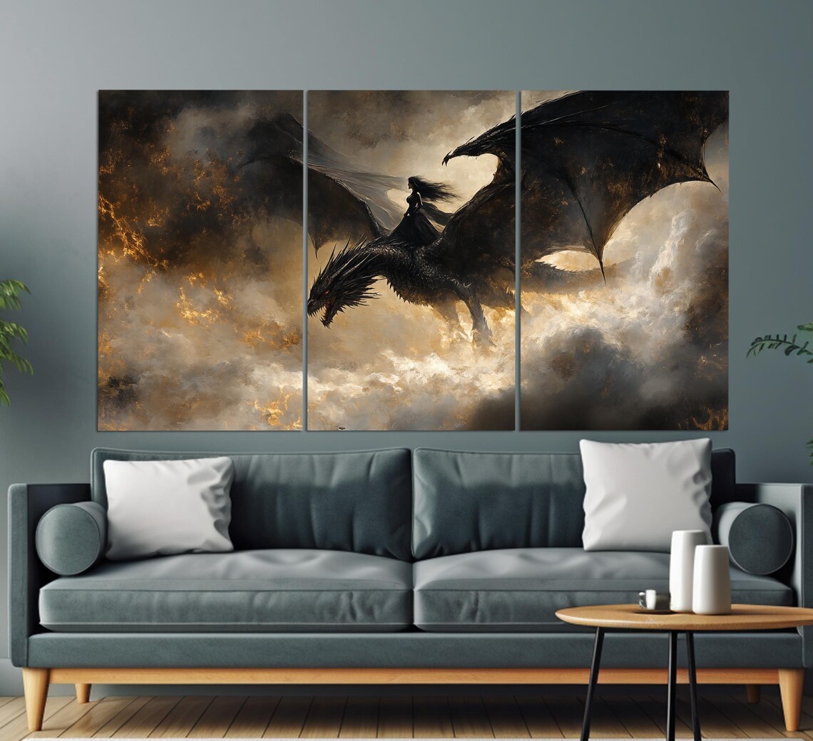 Black Dragon Flying With Female Rider Through Storm Clouds Fantasy Art Poster - Image 3