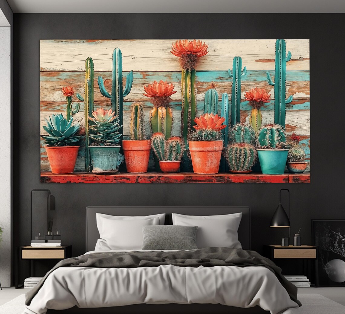 Retro Potted Cacti Red Blooms Wooden Shelf Southwestern Decor Poster