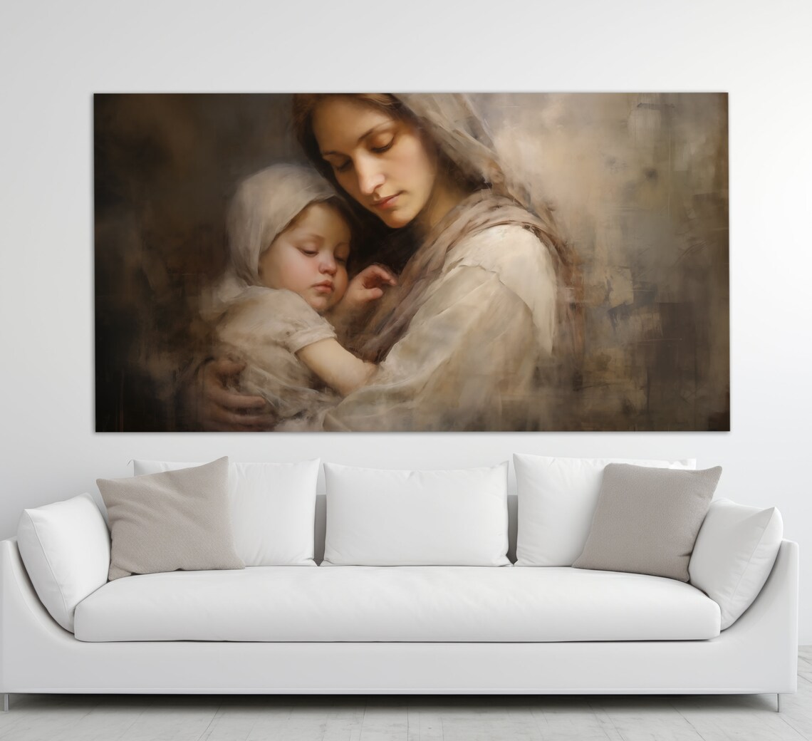 Mother And Sleeping Baby Neutral Tones Vintage Oil Painting Poster