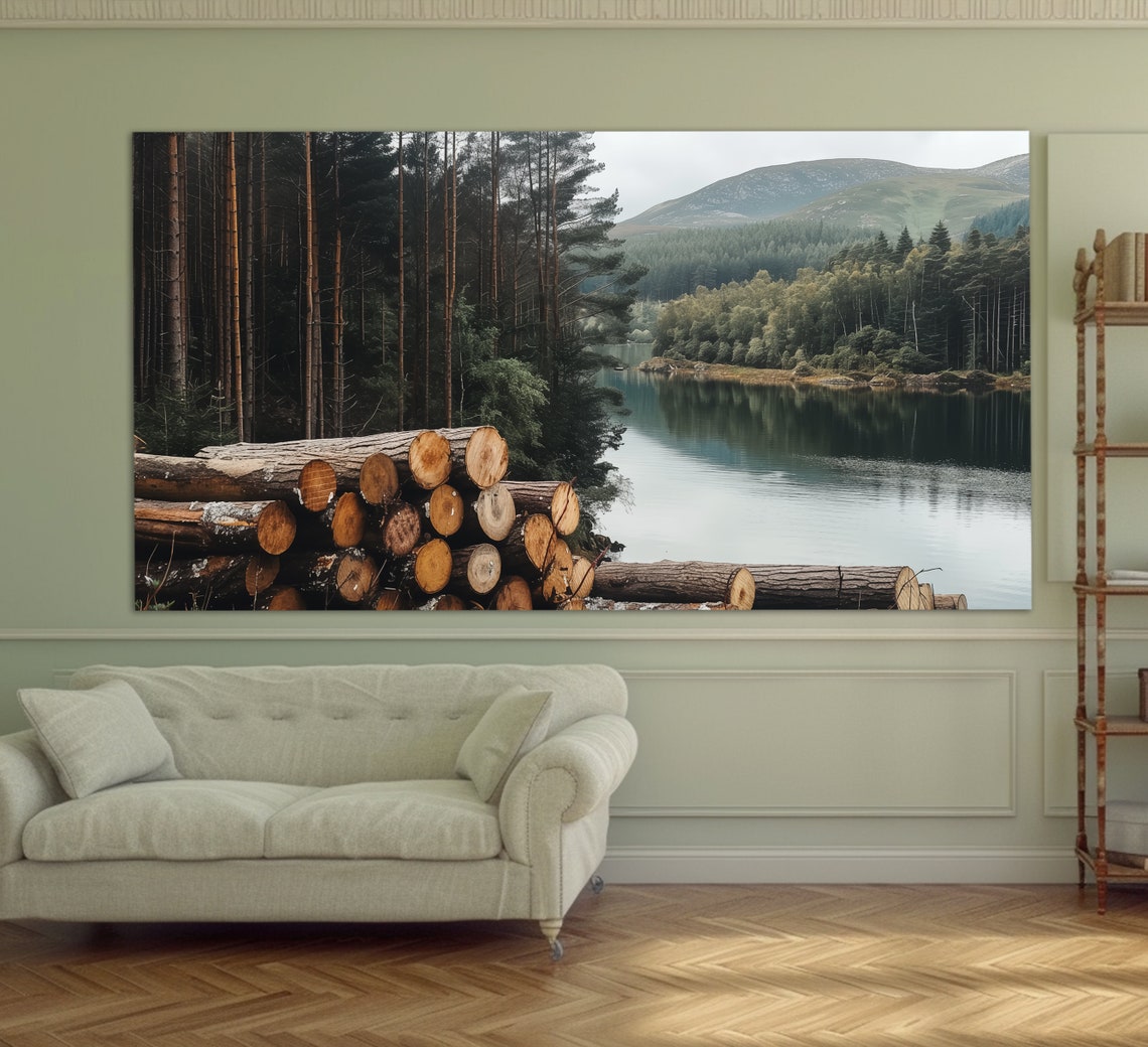 Cut Timber Logs Stacked By Scenic Forest Lake Mountain View Wall Art - Image 4