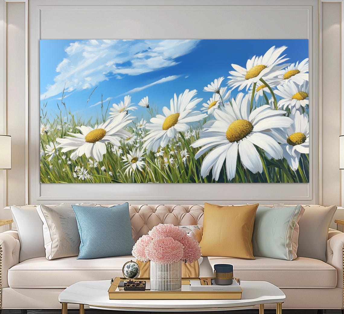 White Daisy Field Meadow Under Blue Sky Bloom Triptych Wall Art - Image 6