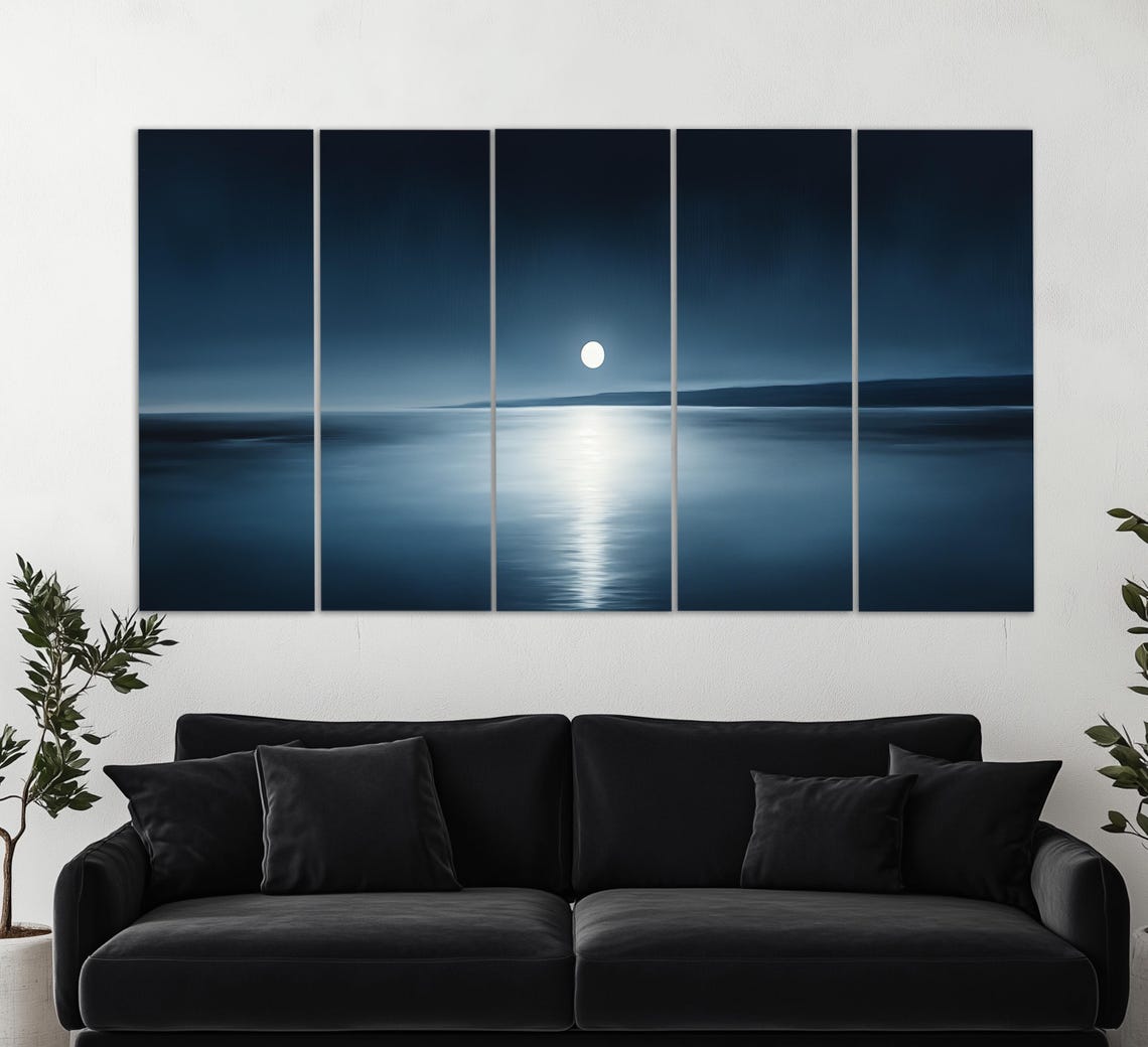 Minimalist Full Moon Over Dark Lake Moonlit Reflection Night Wall Art - Image 2