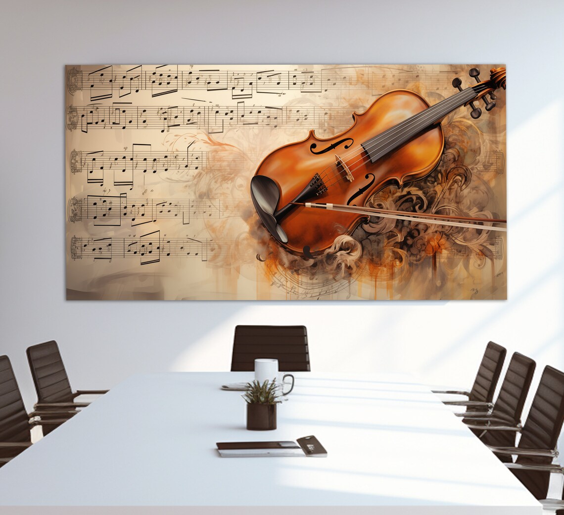 Vintage Violin And Bow On Sheet Music Notes Sepia Oil Painting Wall Art - Image 4